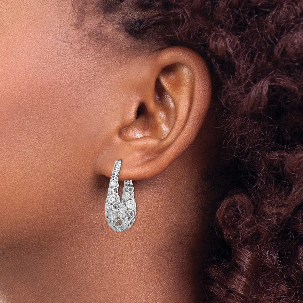 QE11079 Sterling Shimmer Sterling Silver Rhodium-plated 162 Stone Accent Pav������ 1.1mm-1.5mm CZ Oval Hinged Hoop Earrings