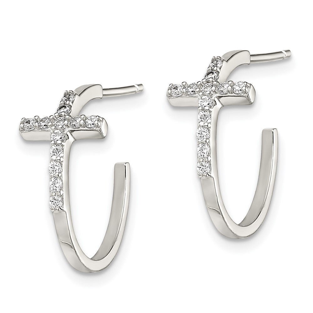 QE11083 Sterling Silver Rhodium-plated CZ Cross Hoop Earrings