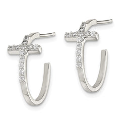 QE11083 Sterling Silver Rhodium-plated CZ Cross Hoop Earrings