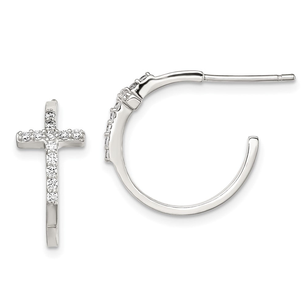 QE11083 Sterling Silver Rhodium-plated CZ Cross Hoop Earrings