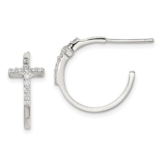 QE11083 Sterling Silver Rhodium-plated CZ Cross Hoop Earrings