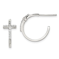 QE11083 Sterling Silver Rhodium-plated CZ Cross Hoop Earrings