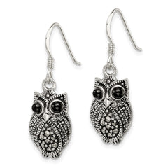QE11125 Sterling Silver Antiqued Marcasite/Blk Agate Owl Shepherd Hook Earrings