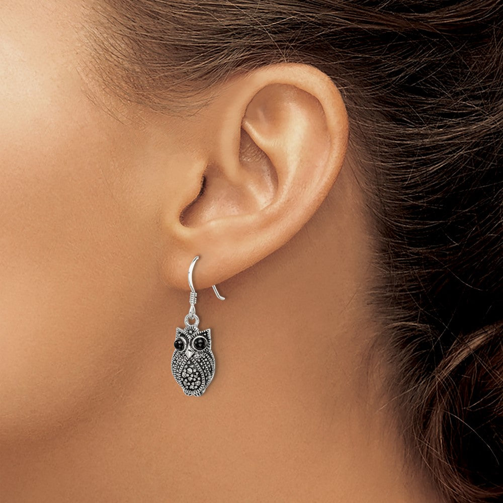 QE11125 Sterling Silver Antiqued Marcasite/Blk Agate Owl Shepherd Hook Earrings