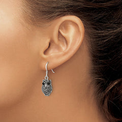 QE11125 Sterling Silver Antiqued Marcasite/Blk Agate Owl Shepherd Hook Earrings