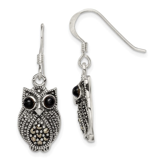 QE11125 Sterling Silver Antiqued Marcasite/Blk Agate Owl Shepherd Hook Earrings