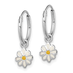 QE11236 Sterling Silver Rhodium-plated Polished Yellow & White Enamel Daisy Dangle Children's Round Hoop Earrings