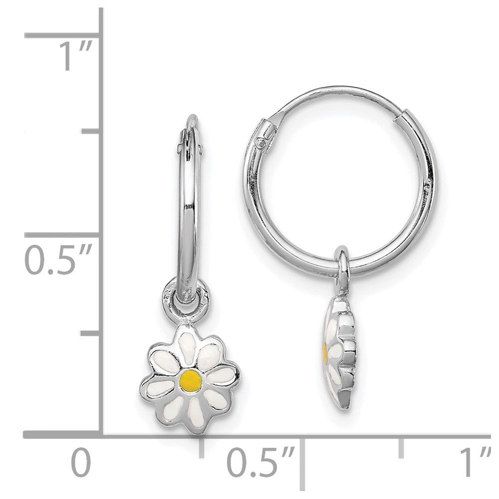QE11236 Sterling Silver Rhodium-plated Polished Yellow & White Enamel Daisy Dangle Children's Round Hoop Earrings