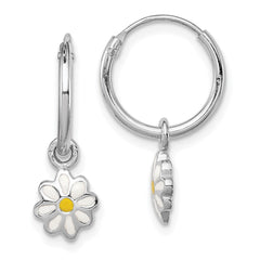 QE11236 Sterling Silver Rhodium-plated Polished Yellow & White Enamel Daisy Dangle Children's Round Hoop Earrings