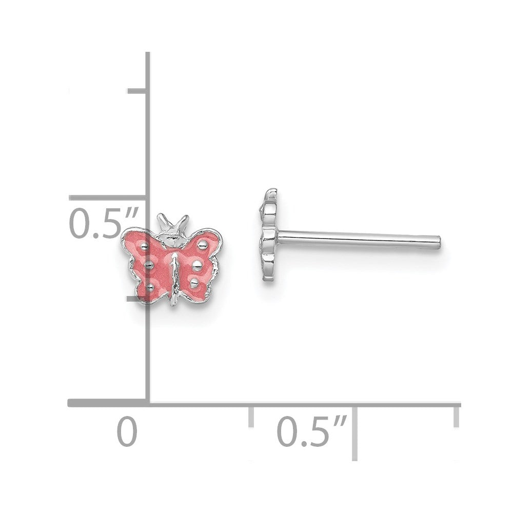 QE11241 Sterling Silver Rhodium-plated Polished Pink Enameled Butterfly Children's Post Earrings