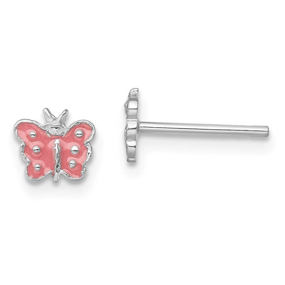 QE11241 Sterling Silver Rhodium-plated Polished Pink Enameled Butterfly Children's Post Earrings