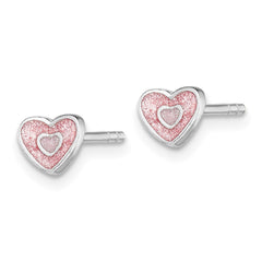 QE11250 Sterling Silver Rhodium-plated Polished Pink Glitter Enamel Heart Children's Post Earrings