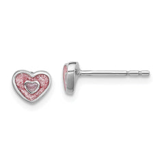 QE11250 Sterling Silver Rhodium-plated Polished Pink Glitter Enamel Heart Children's Post Earrings