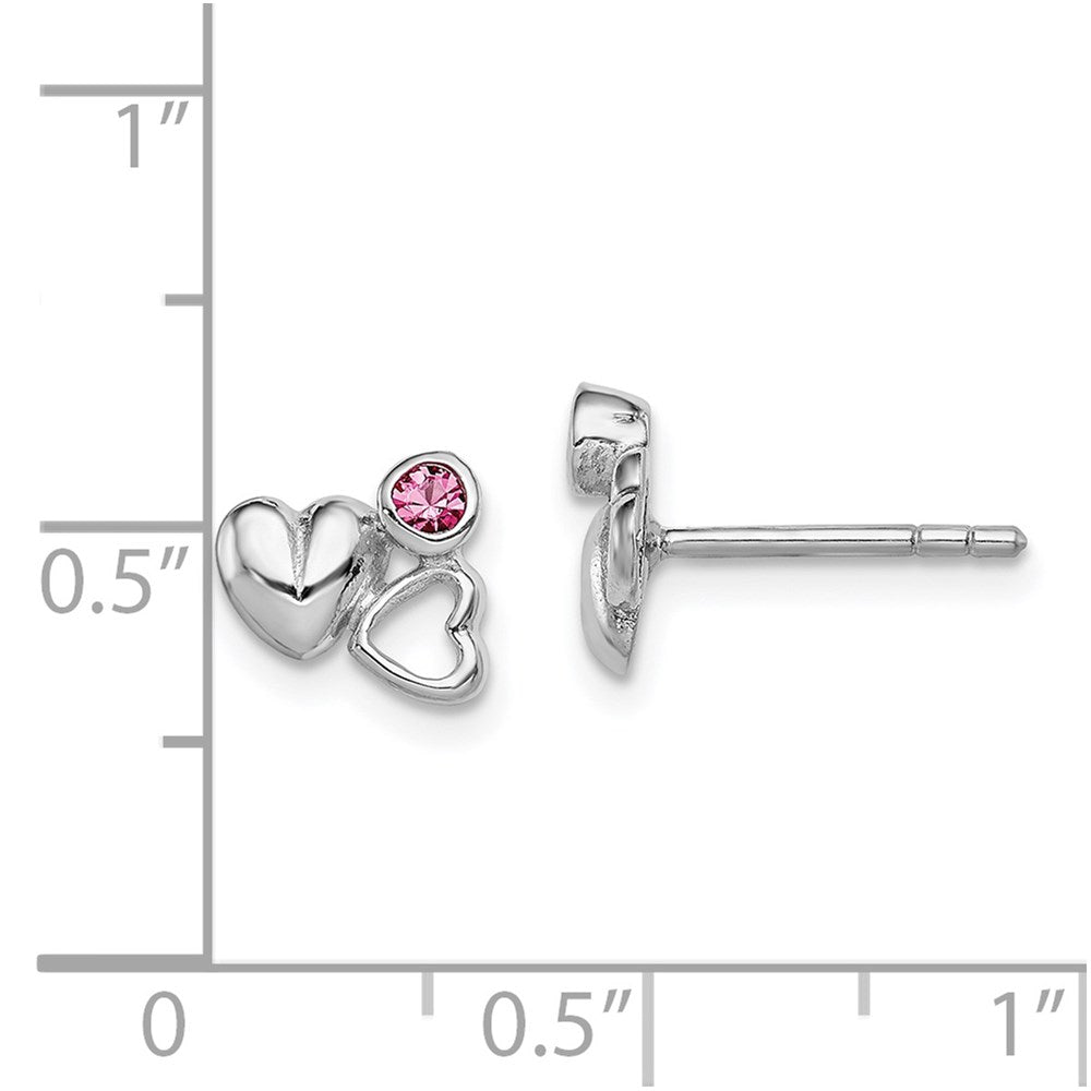 QE11259 Sterling Silver Rhodium-plated Polished Pink Preciosa Crystal Double Heart Children's Post Earrings