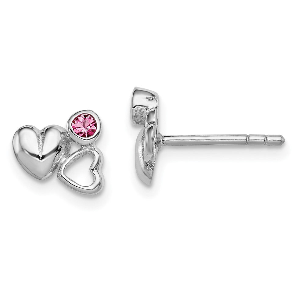 QE11259 Sterling Silver Rhodium-plated Polished Pink Preciosa Crystal Double Heart Children's Post Earrings