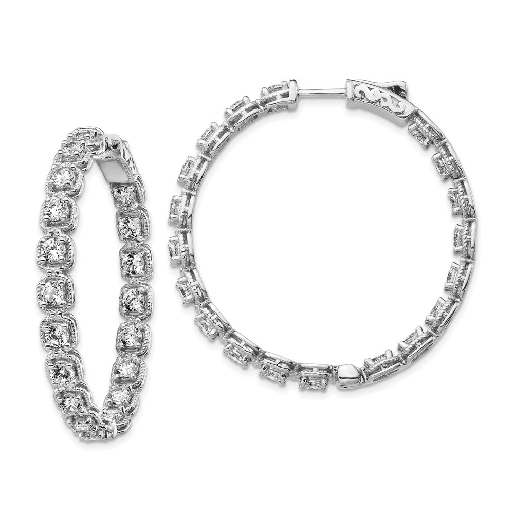 QE11263 Sterling Shimmer Sterling Silver Rhodium-plated 38 Stone 3mm CZ In and Out Round Hinged Hoop Earrings