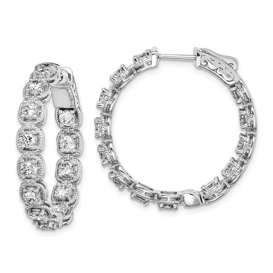 QE11264 Sterling Shimmer Sterling Silver Rhodium-plated 26 Stone 3mm CZ In and Out Round Hinged Hoop Earrings