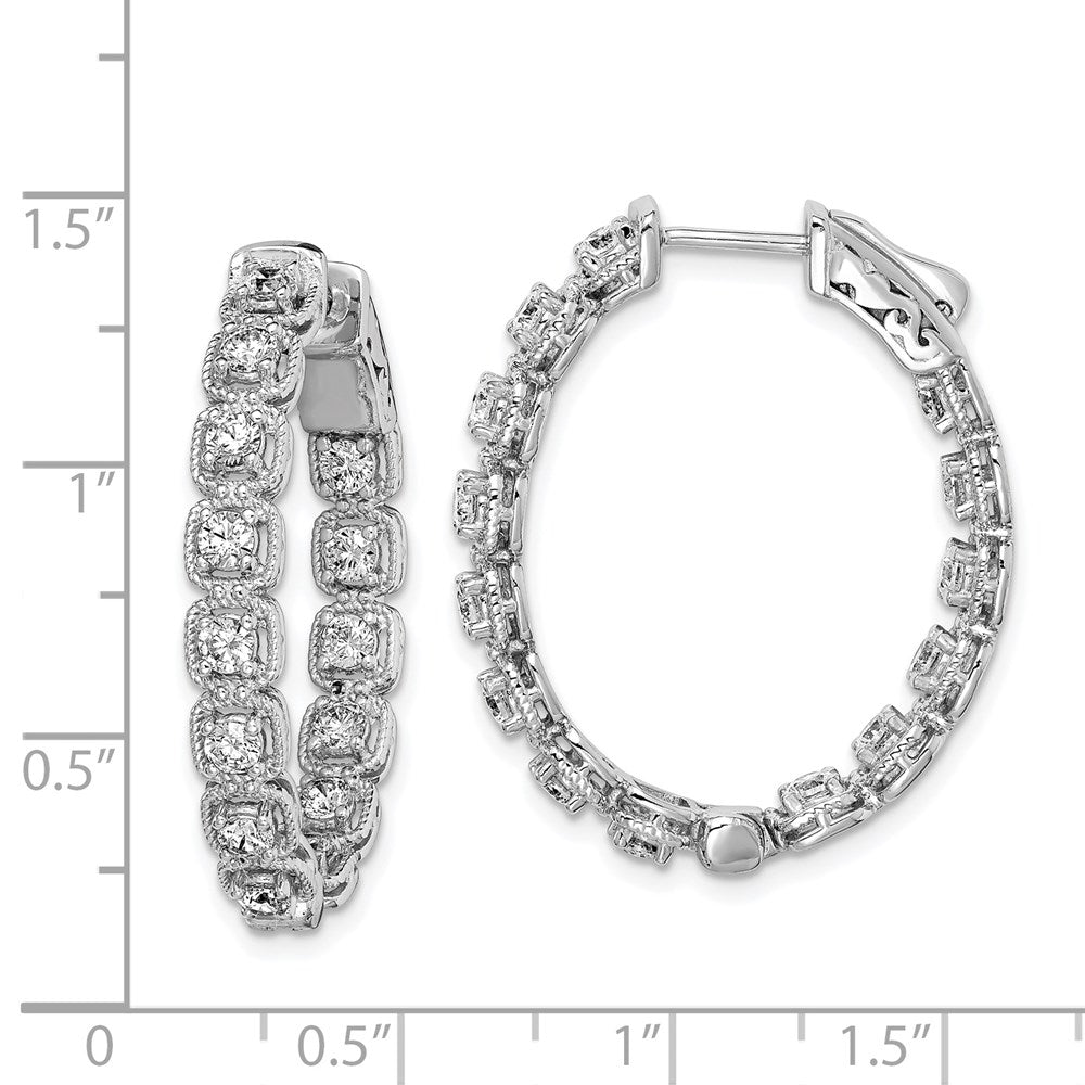 QE11269 Sterling Shimmer Sterling Silver Rhodium-plated 28 Stone 2.5mm CZ In and Out Oval Hinged Hoop Earrings
