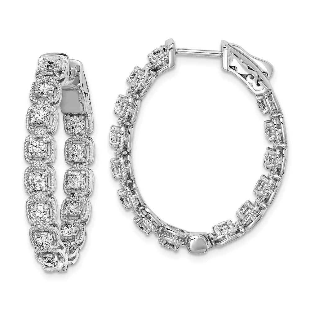 QE11269 Sterling Shimmer Sterling Silver Rhodium-plated 28 Stone 2.5mm CZ In and Out Oval Hinged Hoop Earrings