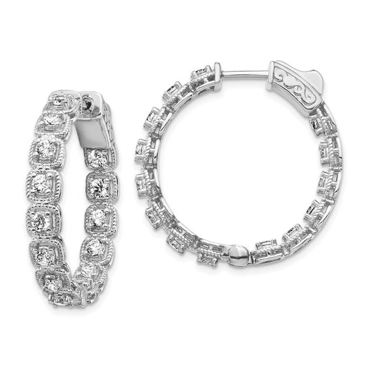 QE11270 Sterling Shimmer Sterling Silver Rhodium-plated 28 Stone 2.5mm CZ In and Out Round Hinged Hoop Earrings