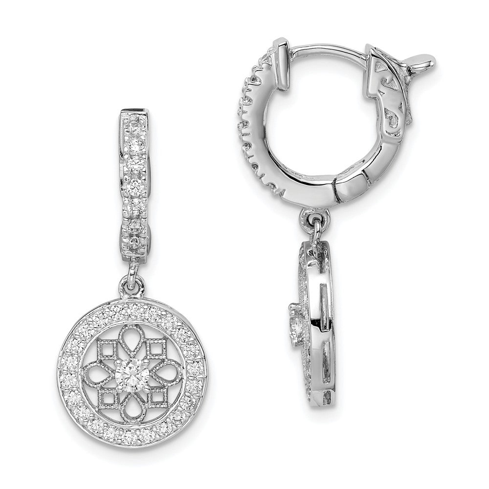 QE11277 Sterling Shimmer Sterling Silver Rhodium-plated 60 Stone CZ Fancy Dangle Hinged Hoop Earrings