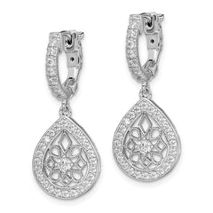 QE11278 Sterling Shimmer Sterling Silver Rhodium-plated 64 Stone CZ Teardrop Dangle Hinged Hoop Earrings