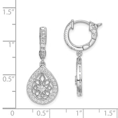 QE11278 Sterling Shimmer Sterling Silver Rhodium-plated 64 Stone CZ Teardrop Dangle Hinged Hoop Earrings