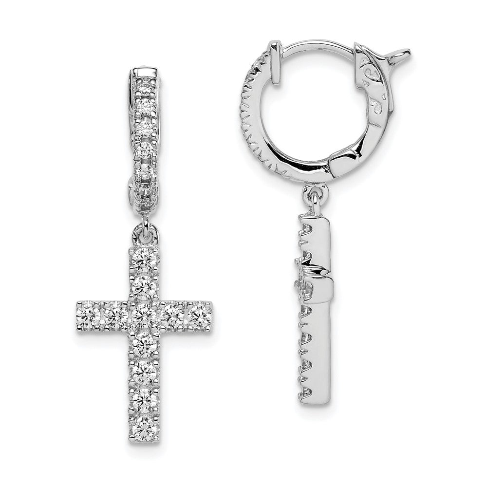 QE11280 Sterling Shimmer Sterling Silver Rhodium-plated 36 Stone CZ Cross Dangle Hinged Hoop Earrings