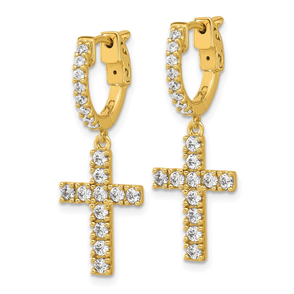 QE11280Y Sterling Shimmer Sterling Silver Gold-tone Flash Gold-plated CZ 38 Stone Cross Hinged Hoop Earrings