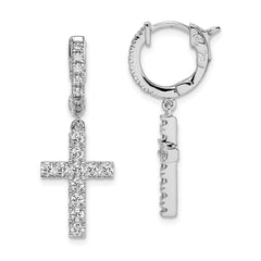 QE11280 Sterling Shimmer Sterling Silver Rhodium-plated 36 Stone CZ Cross Dangle Hinged Hoop Earrings