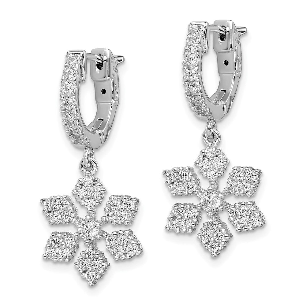 QE11281 Sterling Shimmer Sterling Silver Rhodium-plated 64 Stone CZ Snowflake Dangle Hinged Hoop Earrings