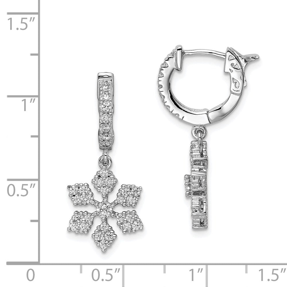 QE11281 Sterling Shimmer Sterling Silver Rhodium-plated 64 Stone CZ Snowflake Dangle Hinged Hoop Earrings
