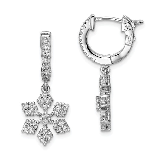 QE11281 Sterling Shimmer Sterling Silver Rhodium-plated 64 Stone CZ Snowflake Dangle Hinged Hoop Earrings