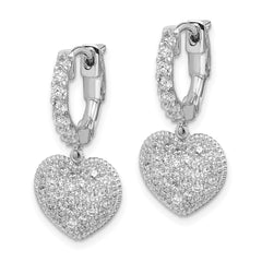 QE11291 Sterling Shimmer Sterling Silver Rhodium-plated 86 Stone CZ Pav������ Heart Dangle Hinged Hoop Earrings