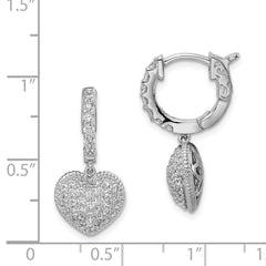 QE11291 Sterling Shimmer Sterling Silver Rhodium-plated 86 Stone CZ Pav������ Heart Dangle Hinged Hoop Earrings