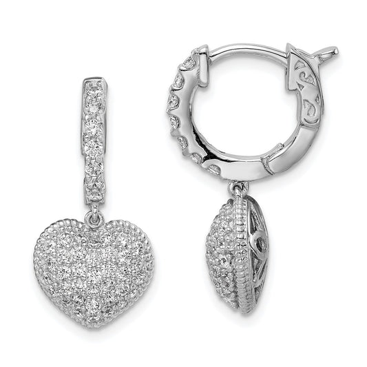 QE11291 Sterling Shimmer Sterling Silver Rhodium-plated 86 Stone CZ Pav������ Heart Dangle Hinged Hoop Earrings