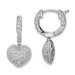 QE11291 Sterling Shimmer Sterling Silver Rhodium-plated 86 Stone CZ Pav������ Heart Dangle Hinged Hoop Earrings