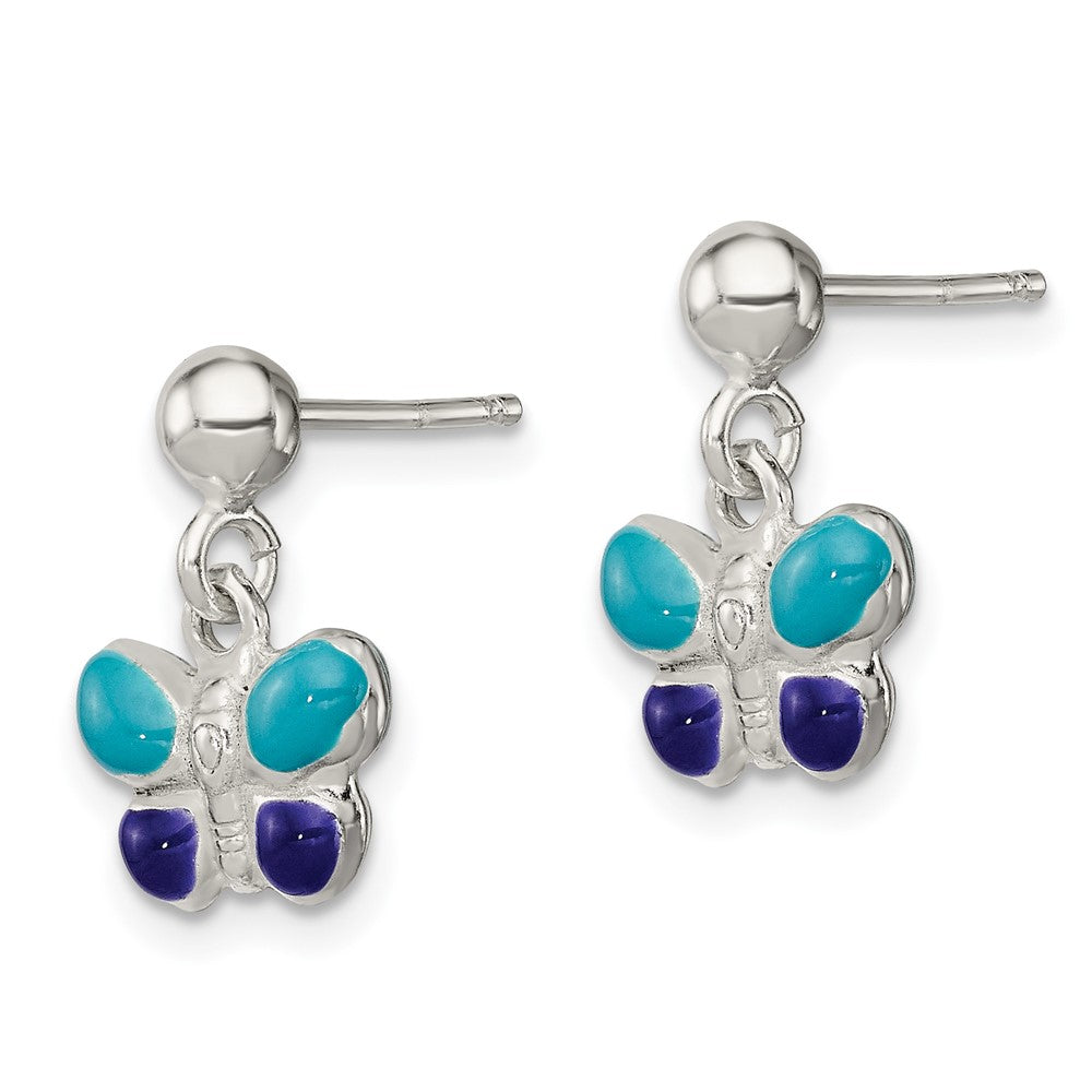 QE11304 Sterling Silver Polished Blue & Purple Enameled Butterfly Children's Post Dangle Earrings