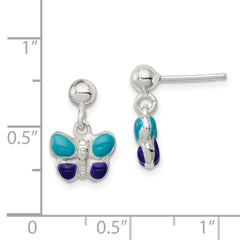 QE11304 Sterling Silver Polished Blue & Purple Enameled Butterfly Children's Post Dangle Earrings
