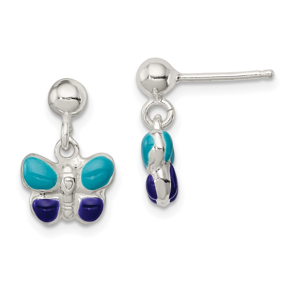 QE11304 Sterling Silver Polished Blue & Purple Enameled Butterfly Children's Post Dangle Earrings