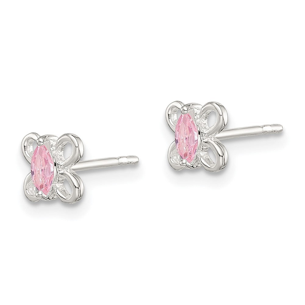 QE11306 Sterling Silver Polished Pink CZ Butterfly Children's Post Earrings