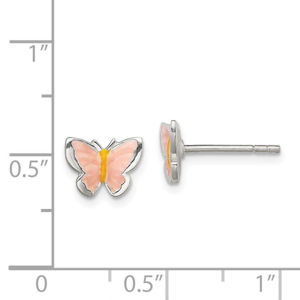 QE11310 Sterling Silver Polished Pink & Orange Enameled Butterfly Children's Post Earrings