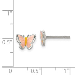 QE11310 Sterling Silver Polished Pink & Orange Enameled Butterfly Children's Post Earrings