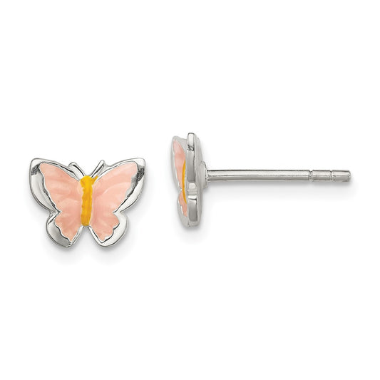QE11310 Sterling Silver Polished Pink & Orange Enameled Butterfly Children's Post Earrings
