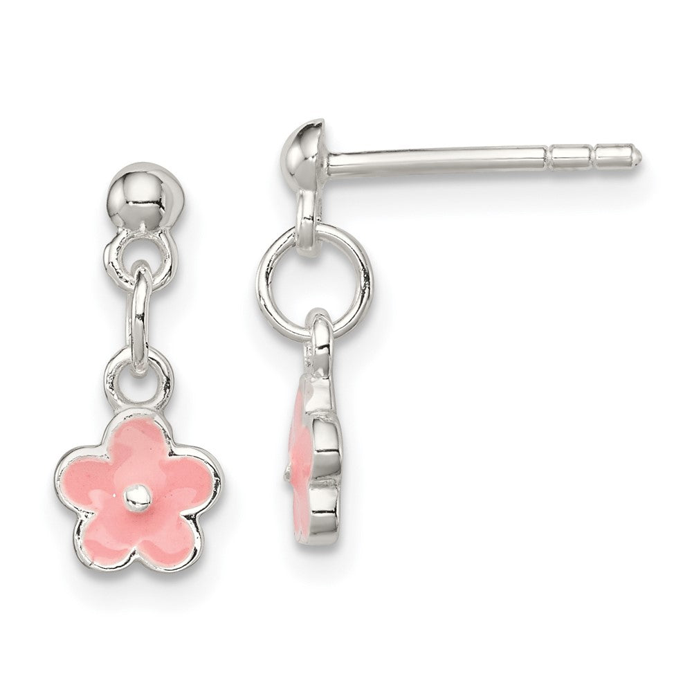 QE11323 Sterling Silver Polished Pink Enameled Flower Children's Post Dangle Earrings