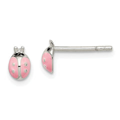 QE11328 Sterling Silver Polished Pink Enamel Ladybug Children's Post Earrings