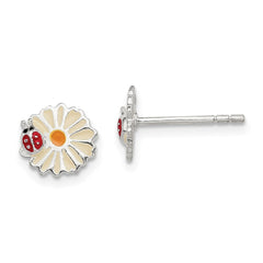 QE11329 Sterling Silver Polished & Multi-color Enameled Flower & Ladybug Children's Post Earrings