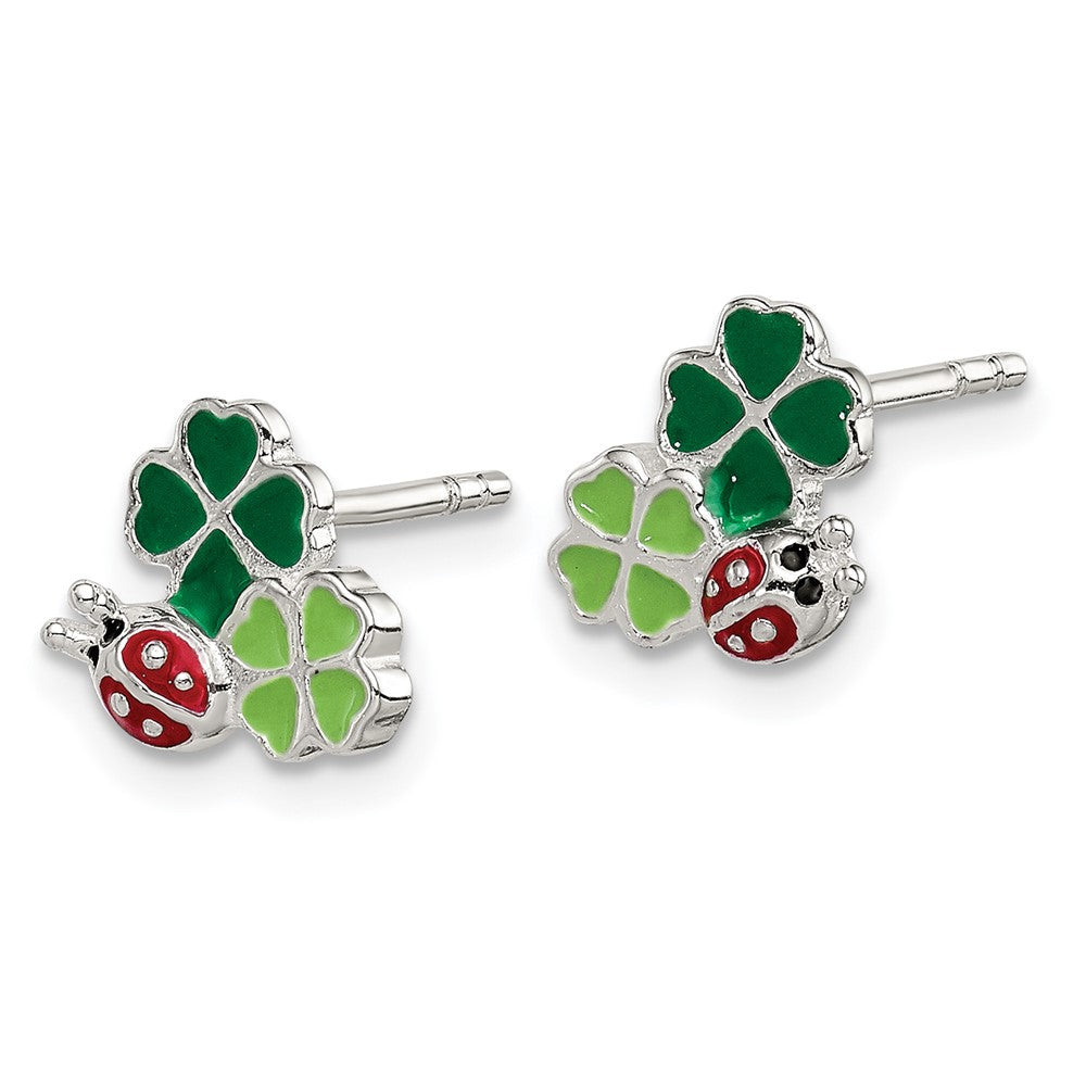 QE11330 Sterling Silver Enamel Ladybug & Clovers Children's Post Earrings