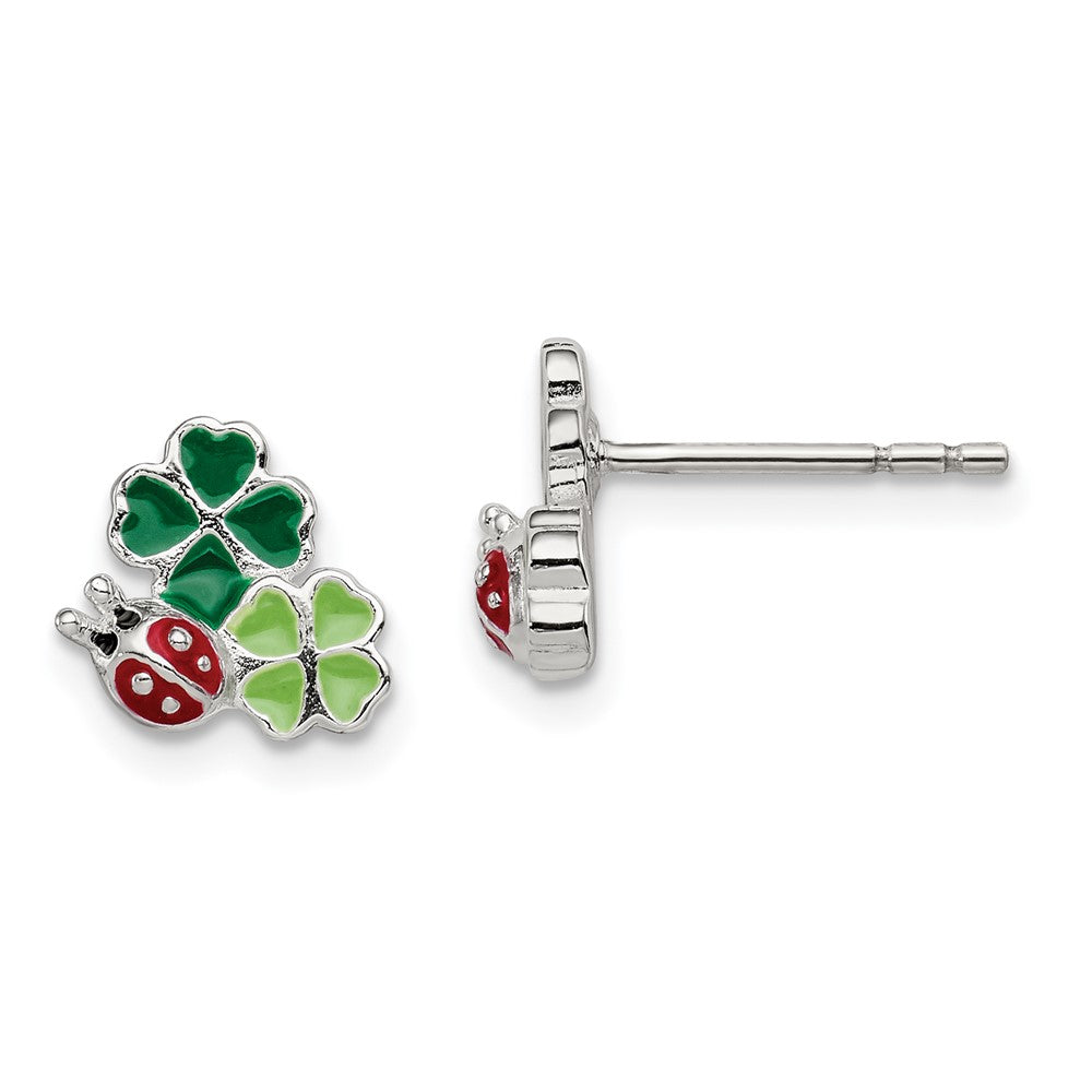 QE11330 Sterling Silver Enamel Ladybug & Clovers Children's Post Earrings