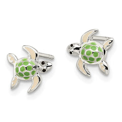QE11345 Sterling Silver Polished Multi-color Enameled Sea Turtle Children's Post Earrings